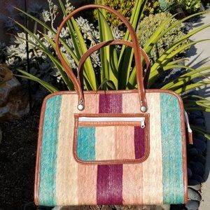 Handmade Woven Palm & Faux Leather Large Shoulder Bag